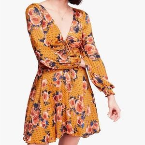 NWT! Free People Morning Light Long Sleeve Floral Mini Dress Golden Yellow